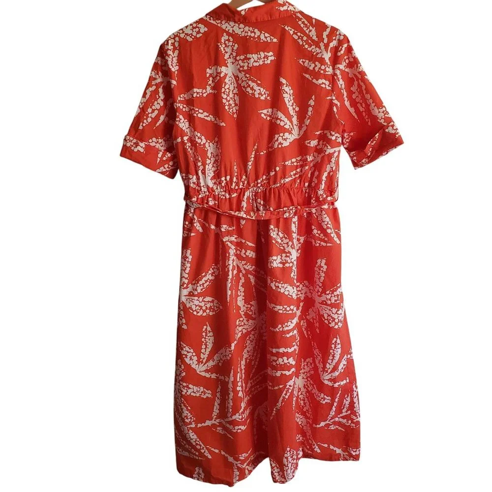 DKNY Red-Orange Print Shirt Dress 12 White Leaf Print Cotton Midi - Picture 8 of 12